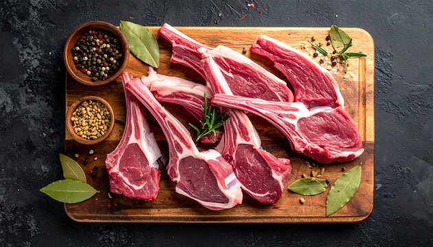 Raw lamb chops, resting on a wooden cutting board with herbs, spices, and peppercorns. Dark background - Powered by Adobe
