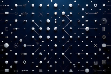 A dark blue background filled with various geometric shapes and connecting lines in a pattern design
