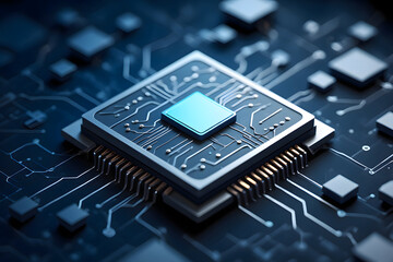 A detailed close up of a computer chip with blue square and intricate circuit board connections