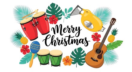 Festive musical instruments illustration with merry christmas text