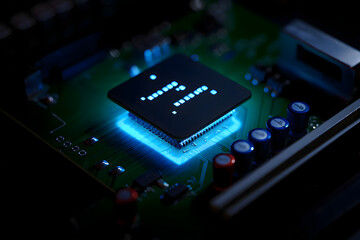 A close up view of a computer chip with blue light and a green circuit board in a dark setting
