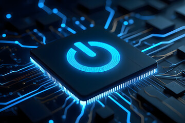 A close up shot of a glowing blue power button on a computer chip with circuit board lines around it