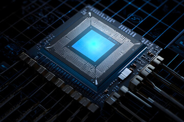 A close up shot of a computer processor with a blue center and wires on a dark background