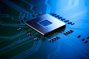 A close up shot of a computer processor chip on a circuit board with blue and green lighting