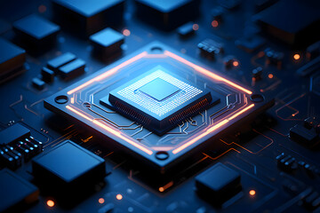 A close up shot of a computer chip with glowing orange lines on a dark blue circuit board design