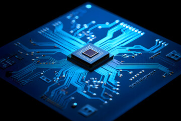 A close up shot of a blue computer chip with intricate circuit patterns on a dark blue background