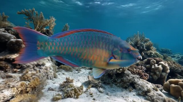 Vibrant parrotfish swimming near coral reef underwater