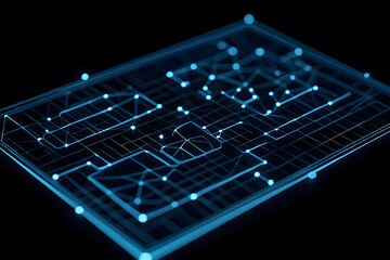 A blue illuminated circuit board with glowing dots and lines on a black background design element
