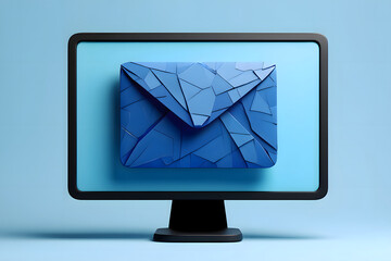 A blue computer monitor displaying a stylized blue envelope on a light blue background color scheme