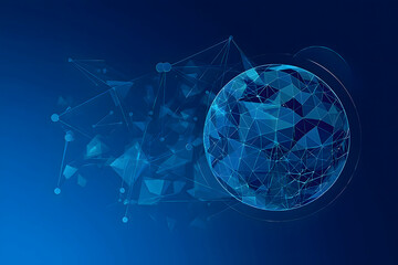 A blue digital sphere with connecting lines and geometric shapes on a gradient blue background