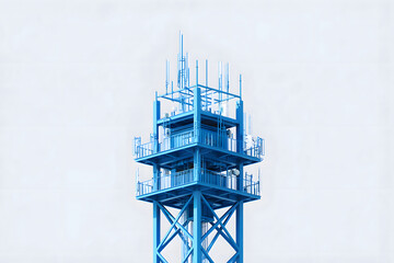 A blue communication tower against a white background showcasing its structural design and antennas