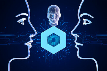 Two outlined faces face each other with a digital head and a hexagon in the center on blue background
