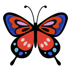 A stunning vector illustration of an abstract butterfly, featuring vibrant red and blue wings with intricate patterns and delicate antennae.  