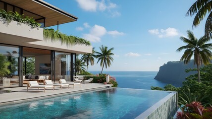 Luxury modern villa with infinity pool overlooking the ocean and tropical cliffs