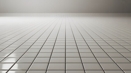 Tiled Surface: An eye-level shot of a meticulously tiled floor, stretching into the distance under soft, diffused lighting. The tiles form a regular grid.