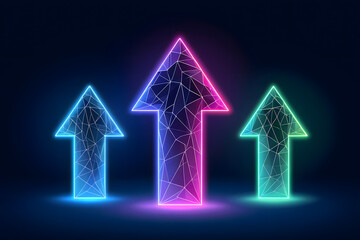 Three neon arrows pointing upwards with a geometric wireframe design on a dark blue background