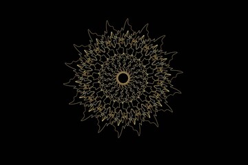 Intricate golden mandala design on dark black background with detailed ornamental symmetry, ideal for spiritual art, meditation themes, luxury design, and decorative projects.