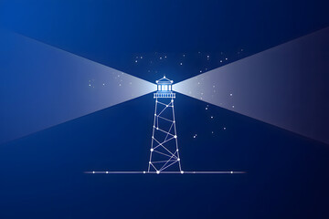 Stylized illustration of a lighthouse emitting light beams on a gradient blue background night sky