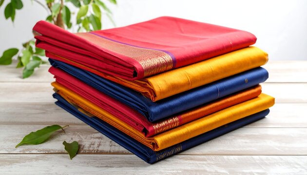 Stacked colorful silk sarees on a light wood table