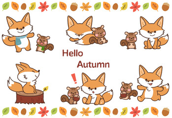 秋の紅葉とキツネとリスとアイコンイラストセット　線あり