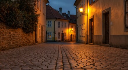 Cobblestone street at dusk in prague