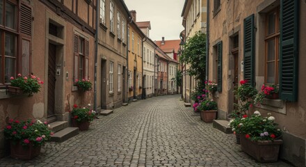 Cobblestone street lined with flower-adorned buildings in rothenburg ob der tauber, germany