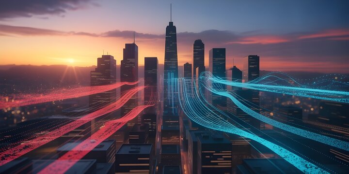 Futuristic cityscape with glowing data streams at sunset
