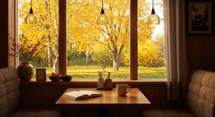 Cozy autumn reading nook with window view