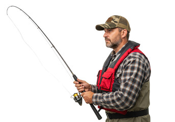 Focused fisherman in camouflage cap holds rod ready for action transparent background