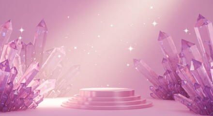 Crystal podium with sparkling stars on pink background