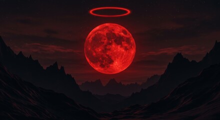 Eerie red moon with halo over dark mountains