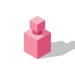 Isometric pink cube with smaller cube above on a white background with a shadow cast to the side