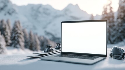Laptop with white blank screen mockup placed on snow-covered surface in winter mountain landscape  