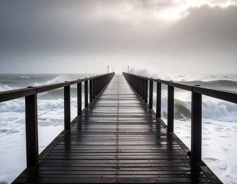 Stormy pier extending into ocean