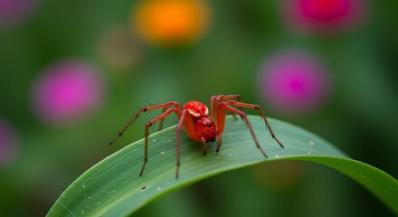 Vibrant red spider perched on green leaf with blurry flower background