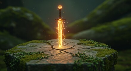 Glowing magical sword on mossy stone altar