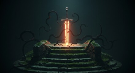 Glowing sword on mossy stone altar