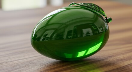 Green glass apple with leaf on wooden surface