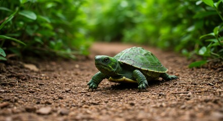 Green turtle walking on a dirt path