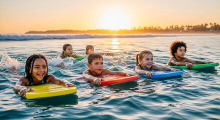 Kids splashing and laughing on colorful boogie boards in the ocean at sunset, creating vibrant memories of summer fun and carefree childhood vacations