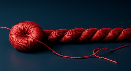 Vibrant red thread ball and rope against a dark blue background