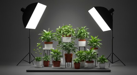 Indoor plants in pots with studio lighting