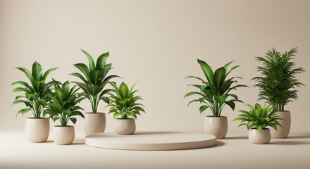 Indoor plants in pots with a beige podium