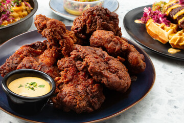 A view of a pile of Nashville chicken, among other entrees.