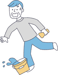 バケツにつまづくシニア男性