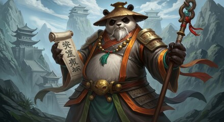Panda monk holding scroll with temples in the background
