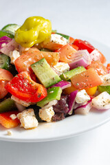 A closeup view of a Greek salad.
