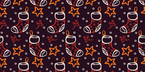 Colorful Christmas Seamless Pattern with Cute Cartoon Stockings, Stars, Berries and Falling Snow Isolated on Dark Background. Colorful background with winter holiday decorations perfect for cards