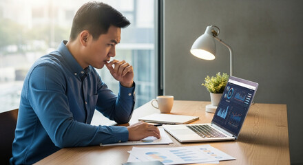 Focused businessman analyzing financial data charts on laptop in modern office, contemplating strategic decisions for growth and success