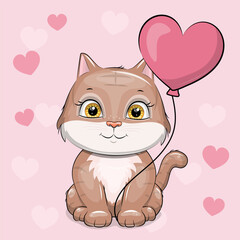 Cute cartoon Cat with heart shaped balloon. Vector illustration of an animal on a pink background with hearts.